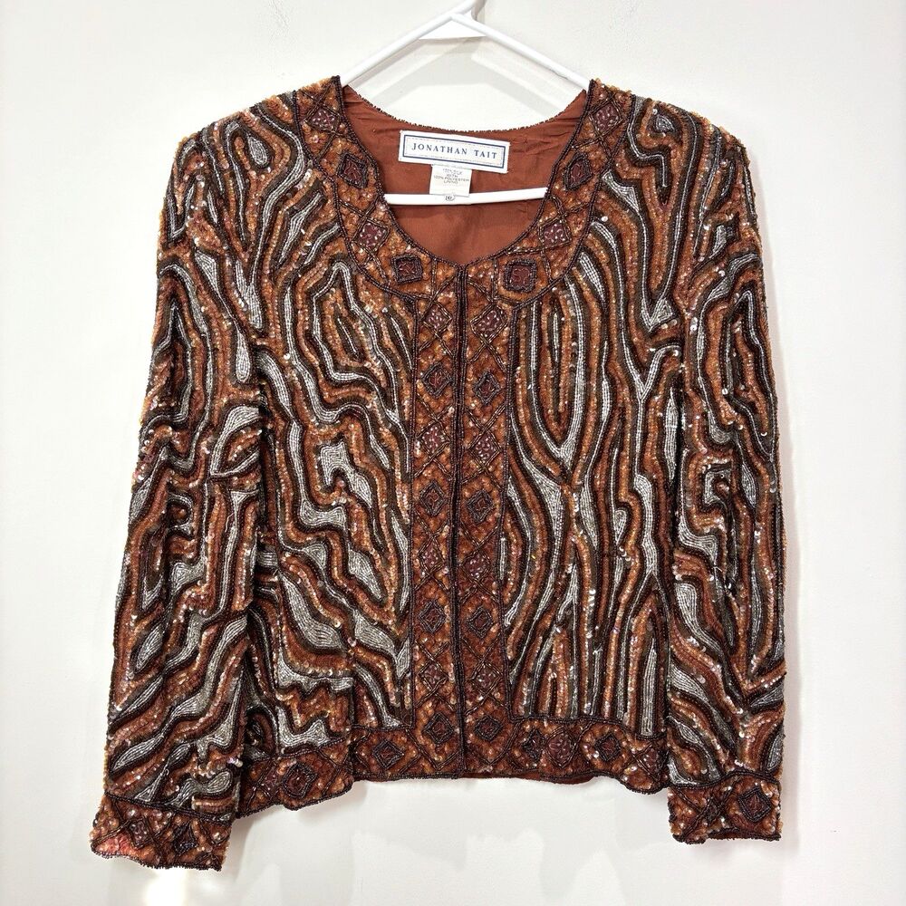 Vintage 100% Silk Sequin Beaded Jacket Women 10 Brown Animal Print Maximalist
